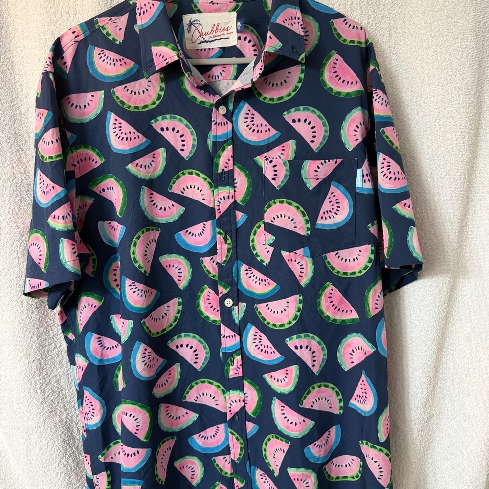 chubbies Navy Button-Down Shirt with Pink & Green Watermelon Print